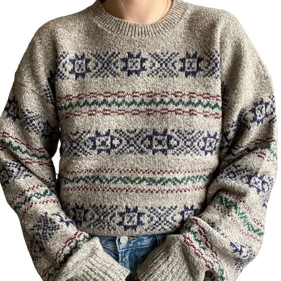 Vintage 80s Womens Wool Geometric Fair Isle Grandpa Oversized Sweater Sz L - Picture 4 of 6